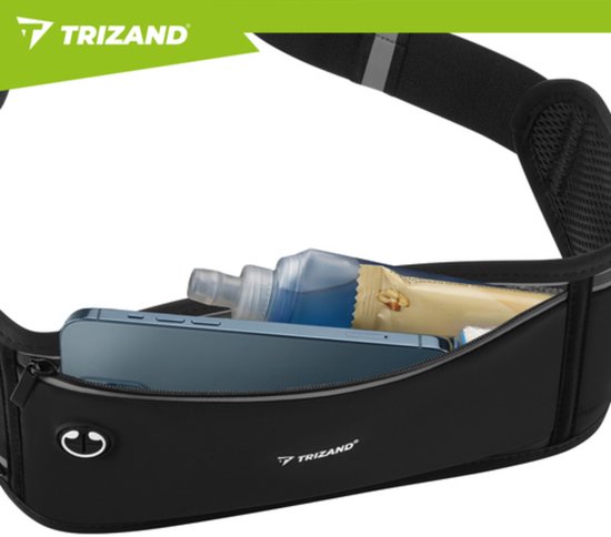 Trizand Zwarte hardloop heuptas 51 x 21 x 11 cm met verstelbare band, 3 ritsvakken en reflecterende details