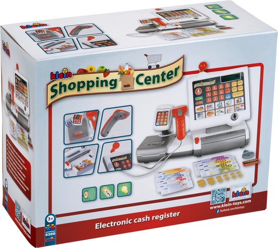 Klein Toys elektronische kassa - touchpad, scanner, weegschaal en rekenmachinefunctie - 31x15,5x23 cm - incl. speelgeld, uitschuifbare geldla, licht- en geluidseffecten - grijs
