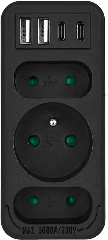 Maclean MCE248 F/B - Stekker - 3-voudige splitter 2x USB-A 2x USB-C - Zwart