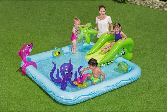 Bestway Kinderzwembad met Glijbaan - Incl. Opblaas Waterspeelgoed - 239 x 206 x 86 CM - 308 L - Waterdieren