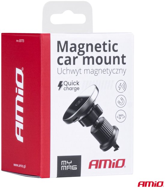AMiO Magnetische Telefoonhouder voor Ventilatierooster met 15W Qi Draadloze Oplader en MagSafe - 360° Verstelbaar zwart