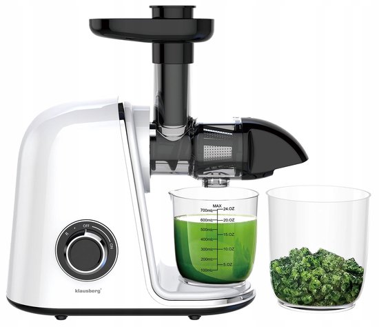 Klausberg Slow Juicer – 150W - 700ml | Cold Press | Groenten en Fruitpers – Met Pulpreservoir | Wit | Stille Horizontale Juicer met 7-Traps Perssysteem