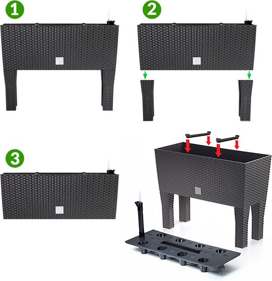 Prosperplast Bloembak/plantenbak op poten Rato - met irrigatiesysteem - antraciet - 60 x 25 x 46 cm