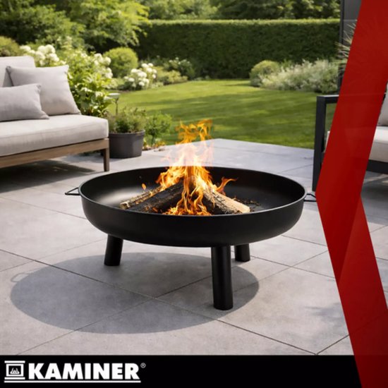 Kaminer Ronde vuurschaal 80 cm zwart met 3 poten en handgrepen voor tuin of terras