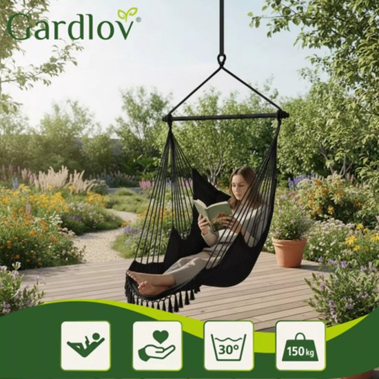 Gardlov Hangstoel Zwart met Kussens en Voetensteun 210 cm – Hangmatstoel voor Tuin, Balkon of Woonkamer – Max. 150 kg – Inclusief Ophangband