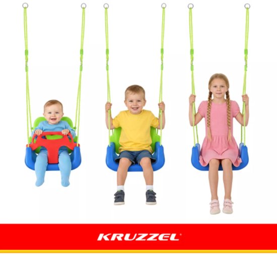 Kruzzel 3-in-1 kinderswing blauw groen rood met veiligheidszitje 43 x 38 x 37,5 cm en verstelbare touwen 120 tot 150 cm