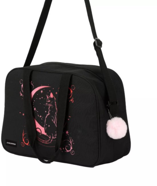 Kruzzel schooltas 13L zwart met roze kattenprint – verstelbare band en sleutelhanger