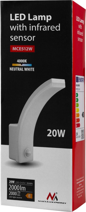 Maclean - LED lamp - Buitenlamp - Wandlamp - PIR bewegingssensor - 20W - IP65 - 2000lm - 4000K - Wit