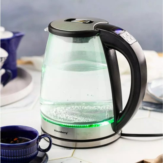 Klausberg KB7887 Elektrische Waterkoker – 1.8L, 1850-2200W, Borosilicaatglas & RVS 304, RGB LED, Temperatuurregeling - Kleur verandering door warmte