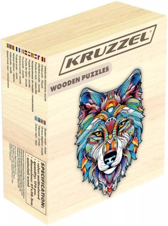 Kruzzel Houten Wolf Puzzel – 170 Stukken – Kleurrijke en Unieke Decoratieve Puzzel