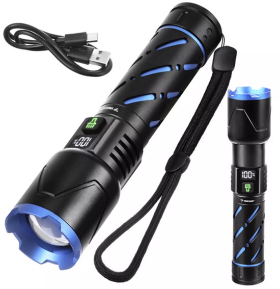 Trizand Tactische LED zaklamp 800 lumen zwart aluminium met zoom, USB-C opladen en 5000 mAh batterij