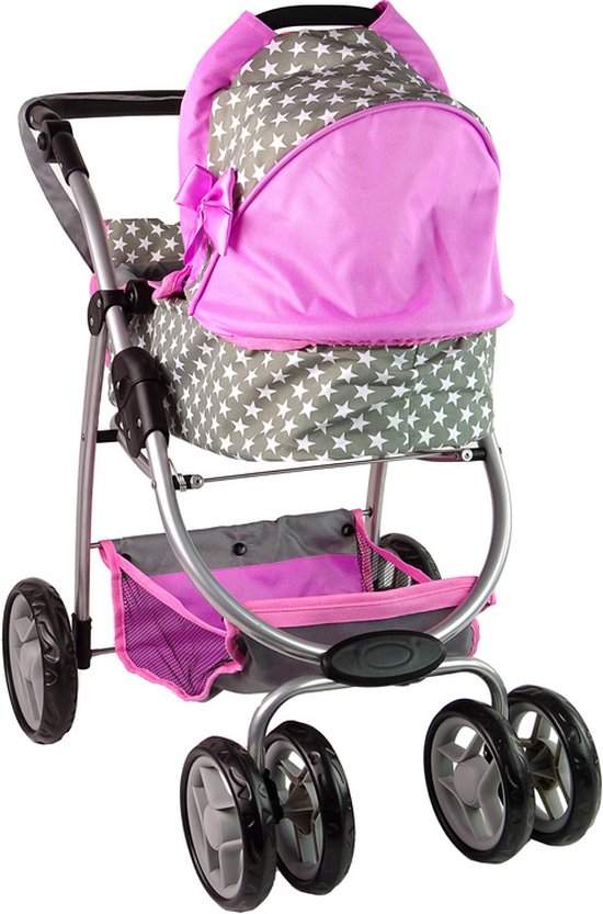 2-in-1 Poppenwagen met tas - Grijs, roze, wit met sterren - Kinderwagen en reiswieg voor poppen tot 40 cm - Geschikt vanaf 3 jaar