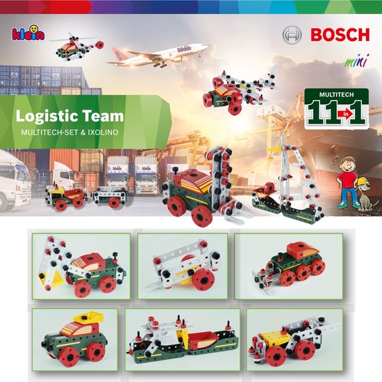 Klein Toys Bosch mini - Multitech Ixolino II bouwpakket - 107 onderdelen, schroevendraaier, steeksleutel en accuschroevendraaier - incl. handleiding voor 11 modellen - groen rood geel