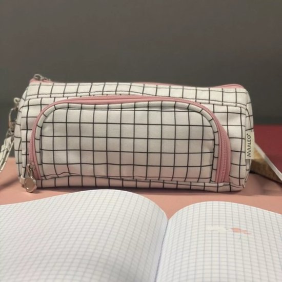 Maaleo Dubbele Uitbreidbare Etui - Wit Geruit - Twee Compartimenten - Mesh Organizer