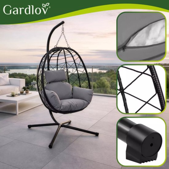 Gardlov Hangstoel cocoon met frame zwart en grijze kussens 194 cm draagkracht 150 kg voor tuin, terras of balkon