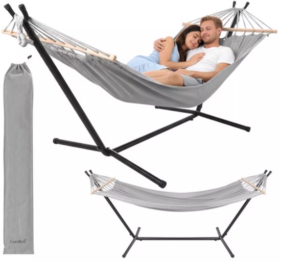 Gardlov Grijze tweepersoons hangmat met frame 200 x 150 cm belastbaar tot 250 kg