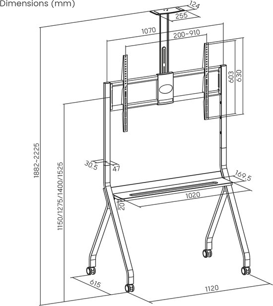 Maclean TV-standaard / trolley, camera plank, op wielen, 55-100", max. belasting 120kg/10kg plank, max. VESA 900x600, zwart, MC-114 B