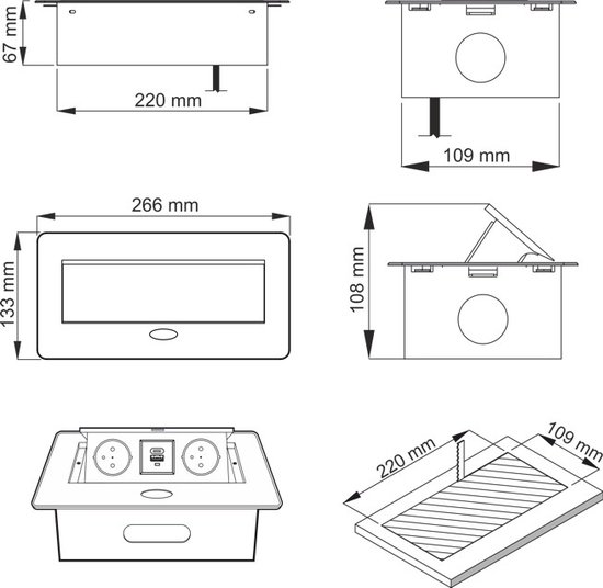 Orno Pop-up Bureau stekkerdoos - Stekkerblok met 2 stopcontacten - USB A & C - Inbouw Verdeelstekker met 1.5 meter kabel - Antraciet