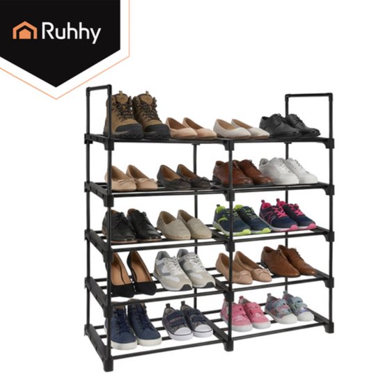 Ruhhy Schoenenrek 10 niveaus 45 x 30 x 174 cm zwart, tot 20 paar schoenen met extra slippersschap