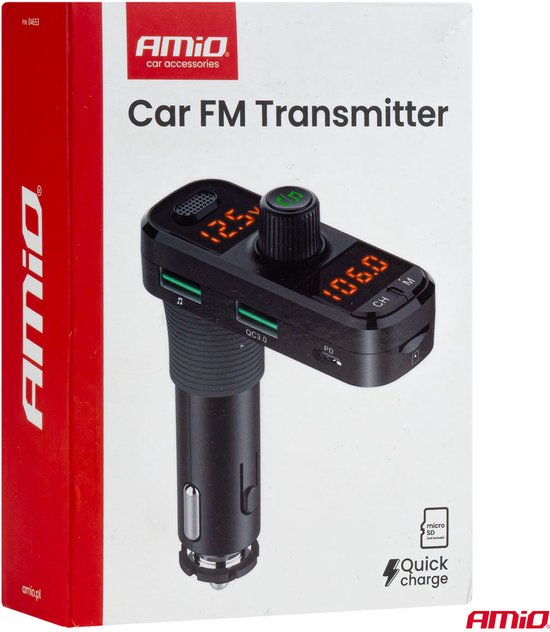 Car FM Transmitter 2×USB-A 1×USB-C microSD 12V 24V – Bluetooth, Hands-Free Bellen en L-vormige Behuizing