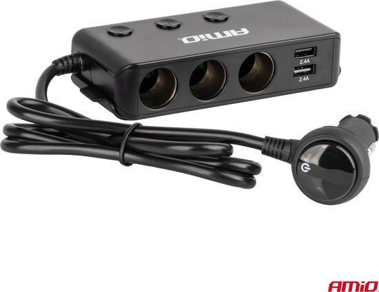 AMiO 3 Dubbele Sigarettenaansteker Plug Splitter met (3x USB-A & 1x USB-C) 12V/24V en Voltmeter Zwart