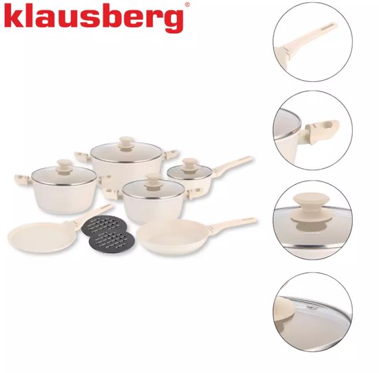 Klausberg - Pannenset - 12-delig - Anti Aanbak Pannen - Aluminium - Inductie Geschikt - Crème