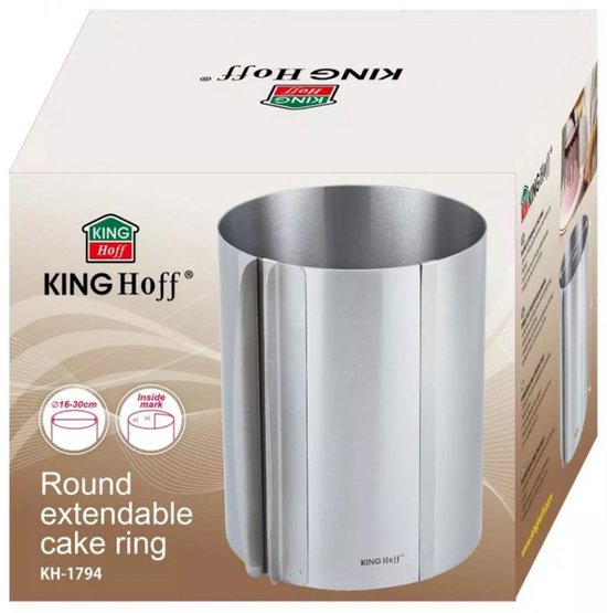 Kinghoff Ronde Verstelbare Cake Ring - Roestvrij Staal - Ø 16-30 cm x 20 cm Hoogte - Satijn Afwerking - Taartvorm - Bakvorm - Verstelbaar