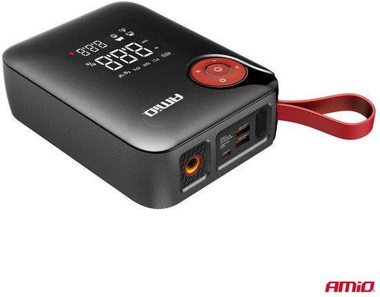 AMiO Portable Mini 4-in-1 Jump Starter – Powerbank 12V 600A met Air Compressor en LED Zaklamp – Draagbare Startbooster Auto – Smart Battery Booster