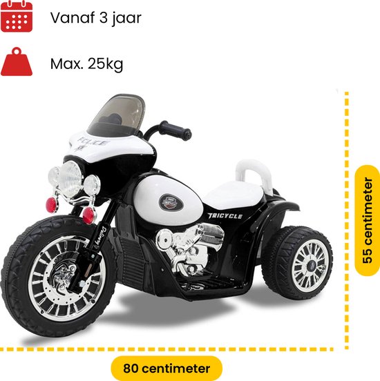Elektrische politie chopper - trike - motor voor kinderen tot 25kg max 1-3 km/h zwart - kids motor - kindermotor - politiemotor
