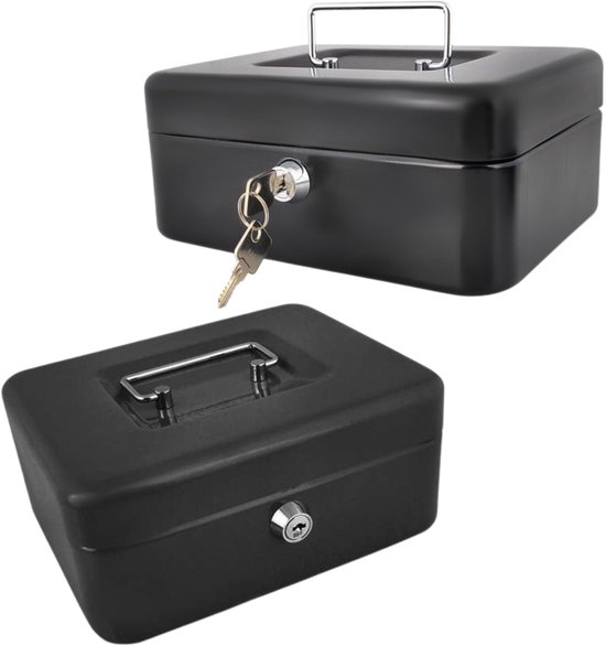 Malatec Geldkist met slot - zwart - PP/ijzer - 20 x 16 x 9 cm - geldbox - kluis/spaarpot - incl 2 sleutels