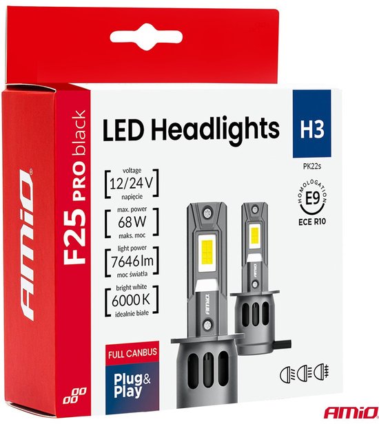AMiO F25 PRO BLACK FULL CANBUS H3 – 68W 6000K Wit 12V/24V - Hoge Helderheid