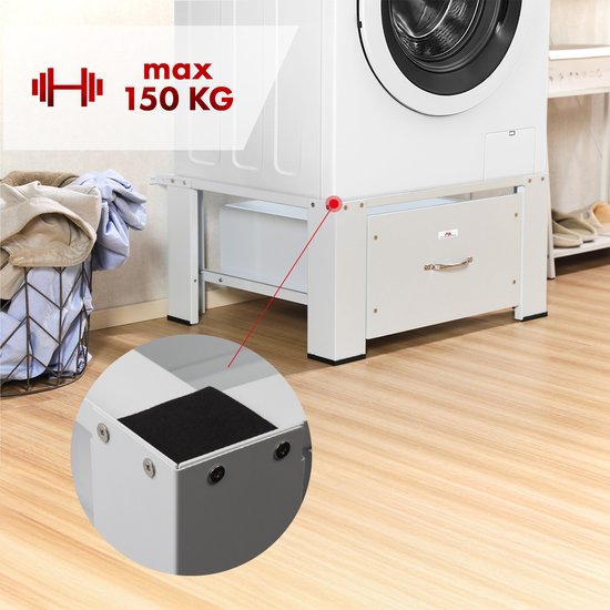 Maclean - Wasmachine Verhoger - Sokkel voor wasmachine/droger met lade - Wasdrogeronderstel - max. belasting 150kg, wit, MC-117 W