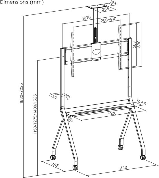 Maclean TV-standaard / trolley, camera plank, op wielen, 55-100", max. belasting 120kg/10kg plank, max. VESA 900x600, wit, MC-114 W
