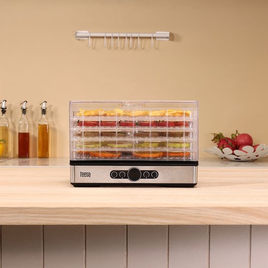 Teesa Voedsel Dehydrator 400W – 5 Transparante Droogrekken voor Paddenstoelen, Groenten & Fruit – Digitale Display met Thermostaat & Timer – Warme Lucht Circulatie – Efficiënte Voedsel Droger voor Thuis