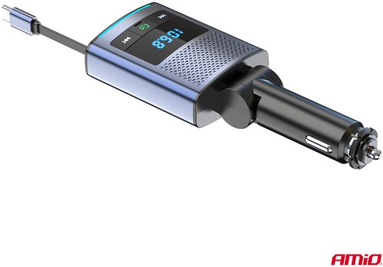 AMiO Car FM Transmitter – Bluetooth – USB-A en USB-C – Ingebouwde Uittrekbare USB-C Kabel – 12V/24V – Handsfree en Snelladen