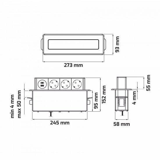 Orno Pop-up Stekkerdoos met usb - Inbouw verdeelstekker met HDMI 2.0 - Stekkerblok met 2 stopcontacten - RVS/Zwart
