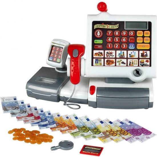 Klein Toys elektronische kassa - touchpad, scanner, weegschaal en rekenmachinefunctie - 31x15,5x23 cm - incl. speelgeld, uitschuifbare geldla, licht- en geluidseffecten - grijs