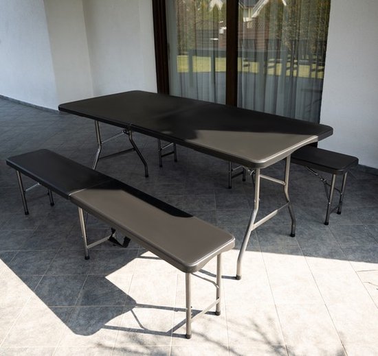 Malatec campingtafel en 2 banken inklapbaar 180 cm zwart - opvouwbaar - picknicktafel - handig voor in de camper of caravan - complete set - cateringset