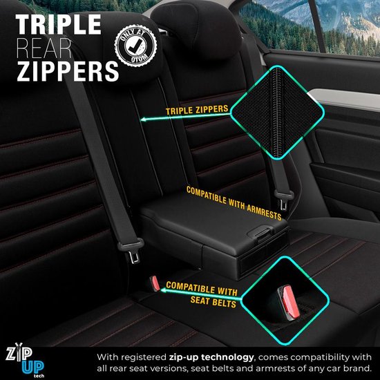 Universele Stoffen/Leder Stoelhoezenset 'Limited' Zwart + Rode stiksels - 11-delig - geschikt voor Side-Airbags