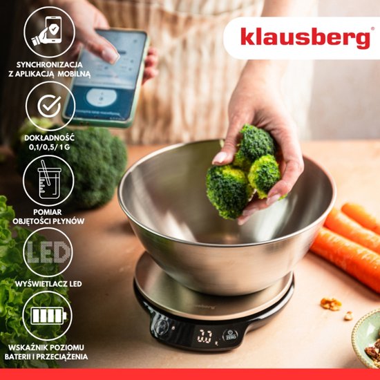Klausberg KB-7939 Slimme Keukenweegschaal – 1,8L RVS Kom – Bluetooth & App – 5kg / 1g Precisie – LED Display