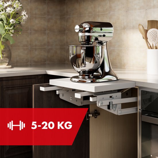 Maclean uitschuifbare keukenlift 5-20 kg - Inbouwkeukenplank 820x168x106 mm | In hoogte verstelbare kastplank | Ergonomische uitschuifkast voor keukenapparatuur, magnetron en mixer