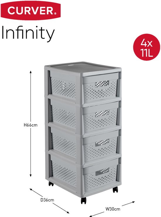 Curver Infinity Dots Ladesysteem - 4 lades van 11L - met wieltjes - 36x30×66 cm - Grijs