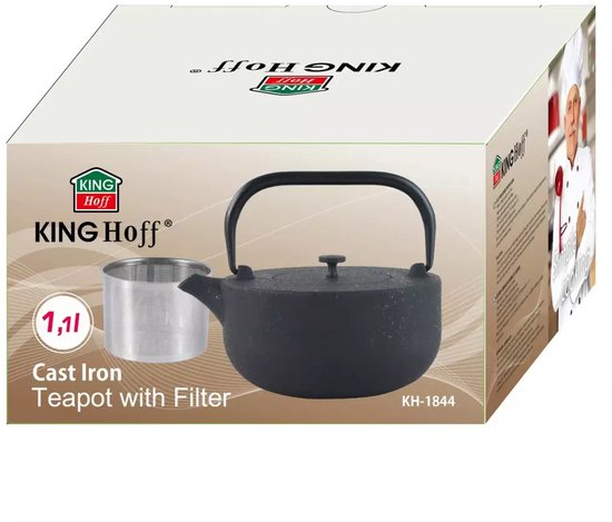 Kinghoff Gietijzeren Theepot met Filter - 1,1 Liter, Hoogwaardig RVS Filter, Comfortabele Handgreep, Traditioneel Design, Zwart -