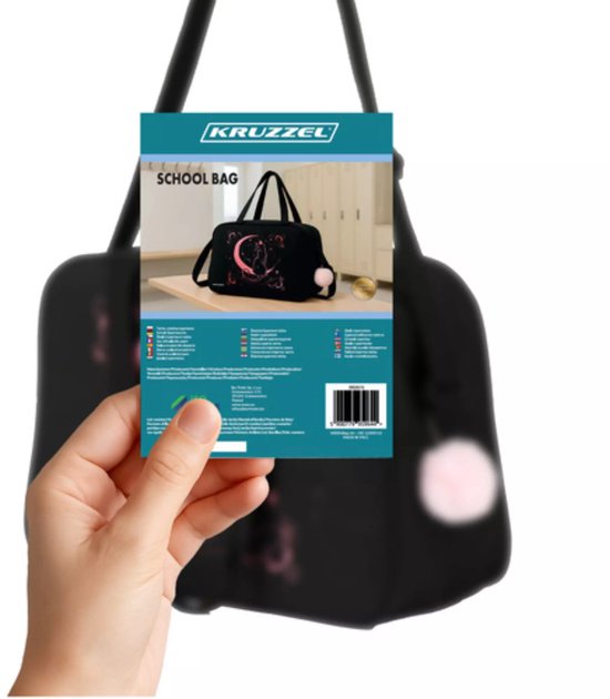 Kruzzel schooltas 13L zwart met roze kattenprint – verstelbare band en sleutelhanger