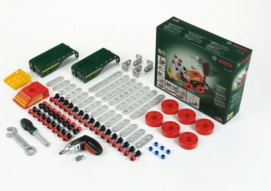 Klein Toys Bosch mini - Multitech Ixolino II bouwpakket - 107 onderdelen, schroevendraaier, steeksleutel en accuschroevendraaier - incl. handleiding voor 11 modellen - groen rood geel