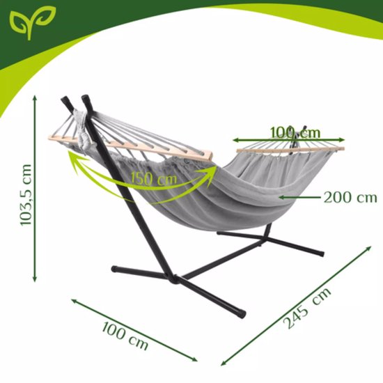Gardlov Grijze tweepersoons hangmat met frame 200 x 150 cm belastbaar tot 250 kg