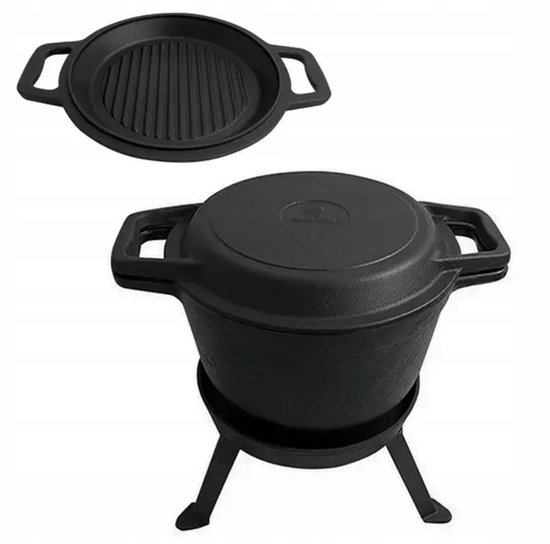 Kinghoff KH1733 Gietijzeren Campingpan Set - 3-in-1 - 8 Liter - Geschikt voor Vuur, Kookplaat & Oven - Incl. Grilldeksel & Onderstel - Camping - Kamperen