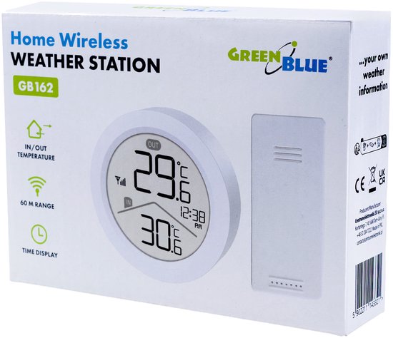GreenBlue - Draadloze weerstation - temperatuur IN/OUT - klok - keuze uit °C / °F - bereik tot 60 m - GB162 - Wit