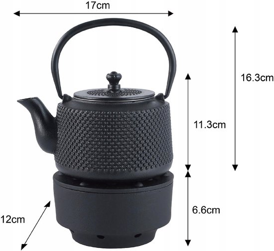 KINGHOFF - Gietijzeren Theeset met Theepot (0,8L), RVS Zeef en Warmhouder - Zwart