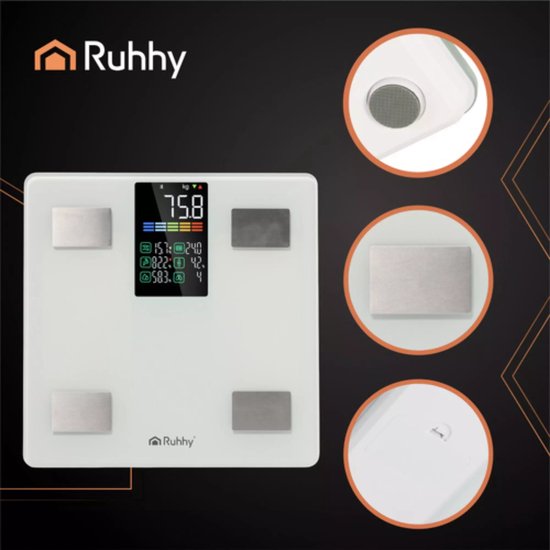Ruhhy Slimme analyse personenweegschaal wit 226 kg met LCD-display en Feelfit app